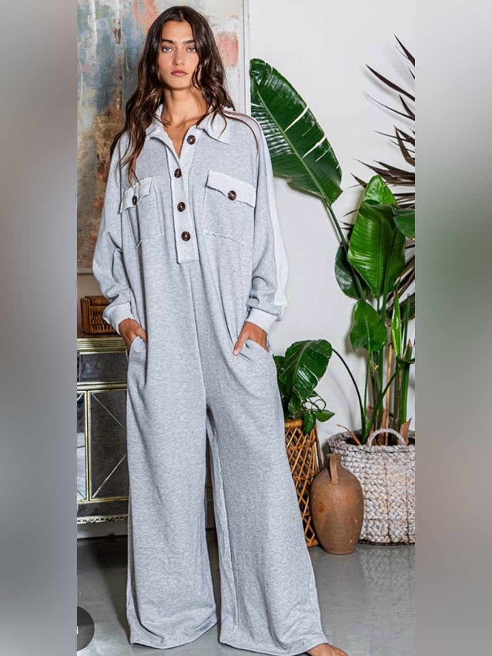 Bucket List Heather Gray French Terry Oversized Collared Jumpsuit NWT